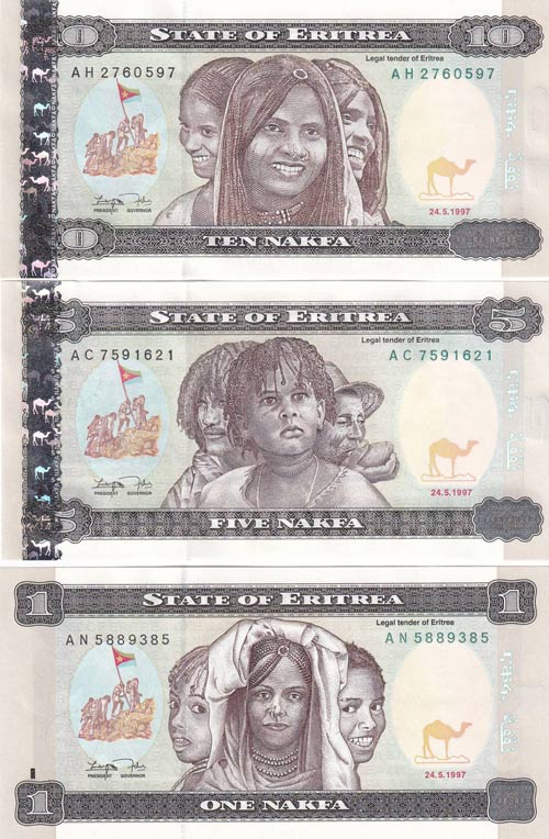 Eritrea, 1-5-10 Nakfa, 1997, UNC, ... 