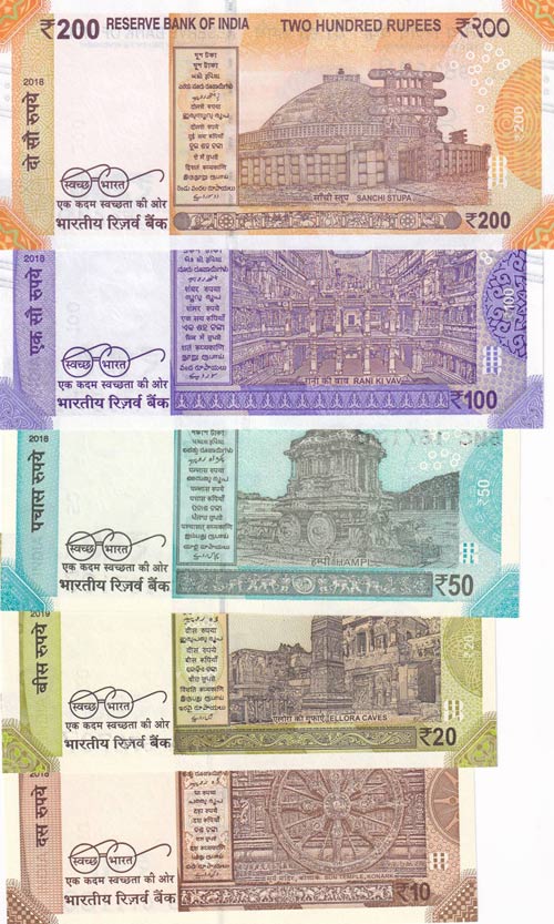 India, 10-20-50-100-200 Rupees, ... 