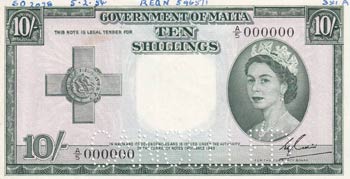 Malta, 10 Shillings, 1954, UNC, ... 