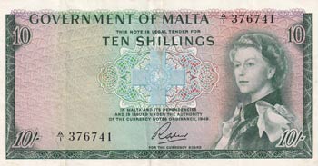 Malta, 10 Shillings, 1963, XF, ... 