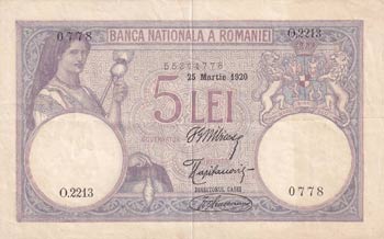 Romania, 5 Lei, 1920, VF(+), p19a  