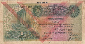 Syria, 1 Livre, 1939, VF, p40e  