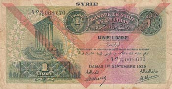 Syria, 1 Livre, 1939, VF(-), p40e  