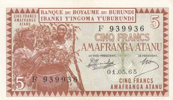 Burundi, 5 Francs, 1965, AUNC(-), ... 