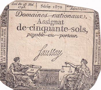 France, assignat, 50 Sols, 1793, ... 