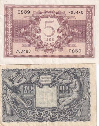 Italy, 5-10 Lire, 1944, (Total 2 ... 