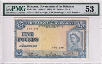 Bahamas, 5 Pounds, 1936, AUNC, p16d
