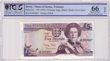 Jersey, 5 Pounds, 1993, UNC, p21a