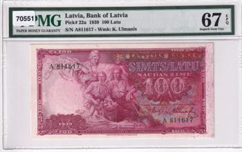 Latvia, 100 Latu, 1939, UNC, p22a
