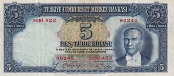 Turkey, 5 Lira, 1937, XF, p127, 2. ... 