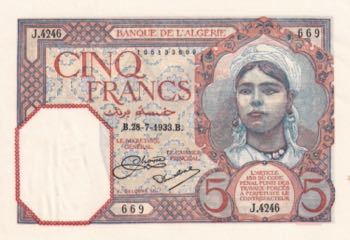 Algeria, 5 Francs, 1933, AUNC, p77