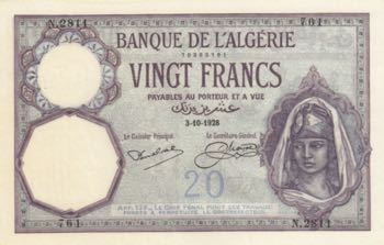 Algeria, 20 Francs, 1928, UNC(-), ... 
