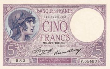 France, 5 Francs, 1933, UNC, p72e