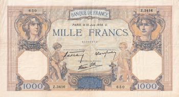 France, 1.000 Francs, 1938, VF, ... 