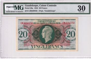 Guadeloupe, 20 Francs, 1944, VF, ... 