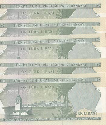 Turkey, 10 Lira, 1975, UNC, p186, (Total 5 ... 