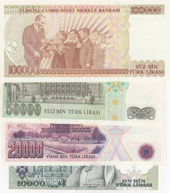 Turkey, total 4 banknotes, UNC, 6. Emission