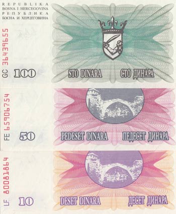 Bosnia- Herzegovina, 10 Dinara, 50 Dinara ... 