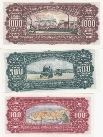 Yugoslavia, 100 Dinara, 500 Dinara and 1000 ... 