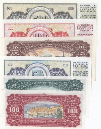 Yugoslavia, 10 Dinara, 50 Dinara, 100 Dinara ... 