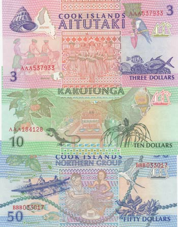 Cook Islands, 3 Dollars, 10 Dollars and 50 ... 