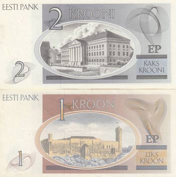 Estonia, 1 Kroon and 2 Kroon, 1992, UNC, p69 ... 