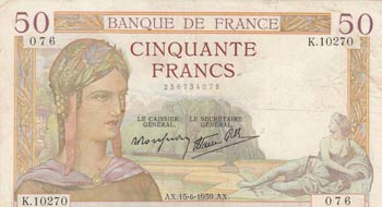 France, 50 Francs, 1939, ... 