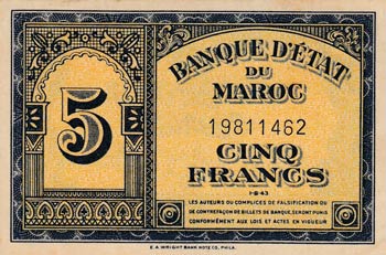Morocco, 5 Francs, 1943, ... 