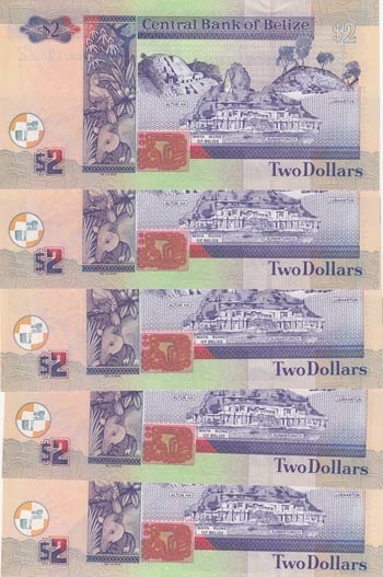 Belize, 2 Dollars, 2014, UNC, p66e, (Five ... 