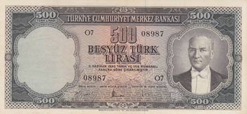 Turkey, 500 Lira, 1959, ... 