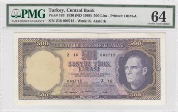 Turkey, 500 Lira, 1968, ... 