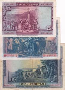 Spain, 25-50-100 Pesetas, 1928, p74; p75; ... 