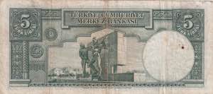 Turkey, 5 Lira, 1937, VF, p127, 2.Emission