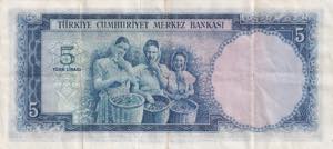 Turkey, 5 Lira, 1952, VF(+), p154, 5.Emission
