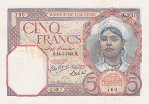 Algeria, 5 Francs, 1941, ... 