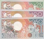 Suriname, 25 Gulden, 100 Gulden and 250 ... 