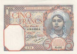Algeria, 5 Francs, 1933, ... 