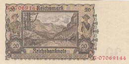 Germany, 20 Reichmark, 1939, AUNC, p186  