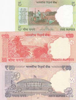 India, 5-20-50 Rupees, 2010-2018, UNC, ... 