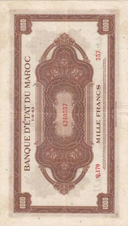 Morocco, 1.000 Francs, 1943, VF, p28  Rare