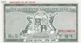 Mauritius, 5 Rupees, 1954, UNC,p27cts, COLOR ... 