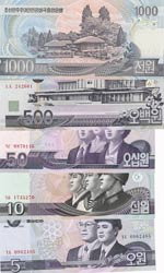 North Korea, 5-10-50-500-1.000 Won, UNC, ... 