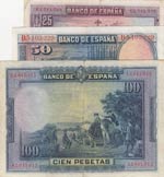 Spain, 25-50-100 Pesetas, 1928, VF, p74; ... 
