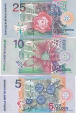 Suriname, 5-10-25 Gulden, 2000, UNC, p146; ... 