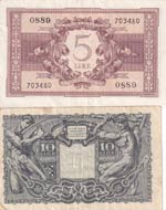 Italy, 5-10 Lire, 1944, (Total 2 banknotes) ... 