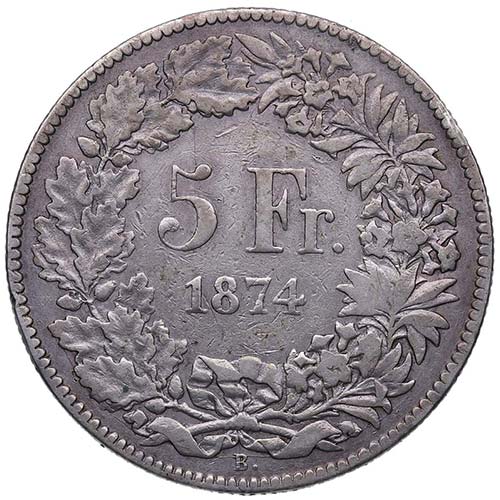1874. Suiza. B . 5 francos. Ag. ... 