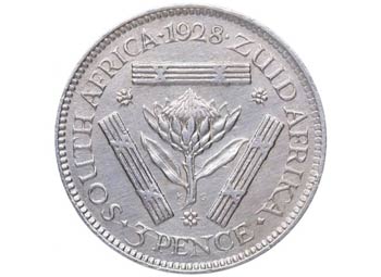 1928 dC. Africa del Sur. 3 Pence. ... 