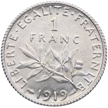 1919. Francia. 1 Franc. KM 844.1. ... 