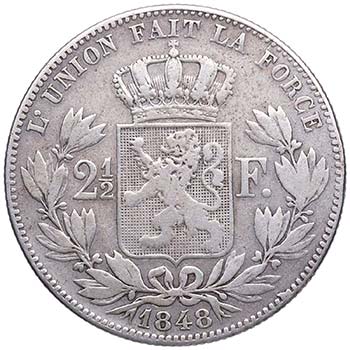 1848. Bélgica. 2 1/2 francs. KM ... 