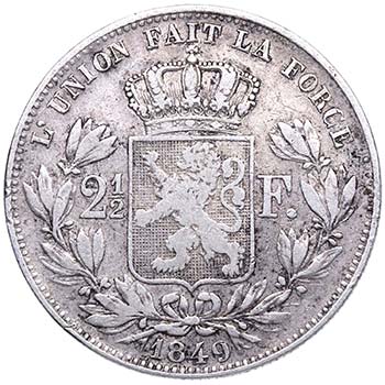 1849. Bélgica. 2 1/2 francs. KM ... 